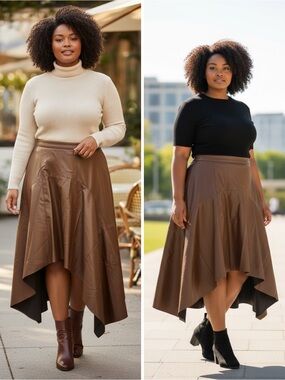 Ashley Graham Chocolate Brown Faux Leather Asymmetrical Skirt Plus 30W